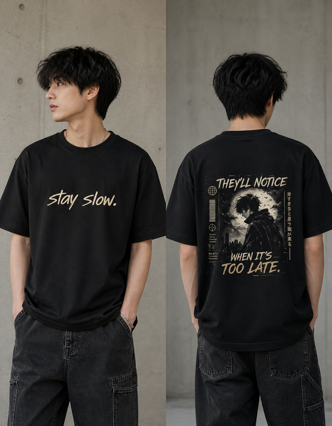 Stay Slow Oversized T-Shirt for Men & Women | Anime Back Print Streetwear | Premium Cotton Tee