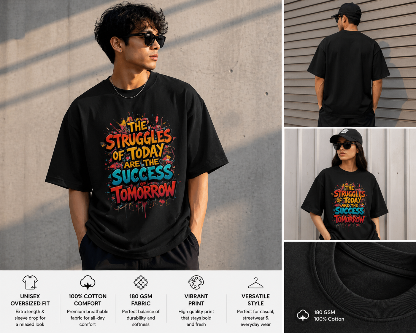 Struggles Today Success Tomorrow – Unisex Oversized Motivational Cotton T-Shirt